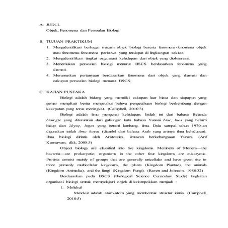 Laporan Praktikum Objek, Fenomena dan Persoalan Biologi