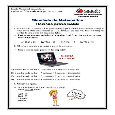REVISÃO SAEB   2025   - MATEMÁTICA  5º ano.