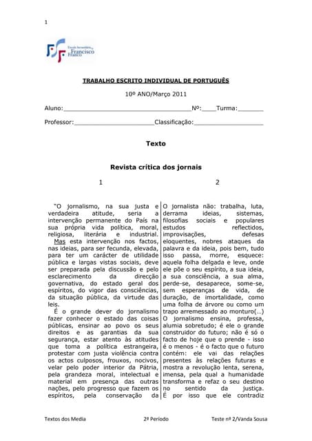 Teste nº 2 /Março/Textos dos Media