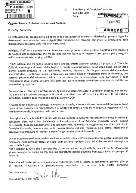 Revoca dimissioni sindaco