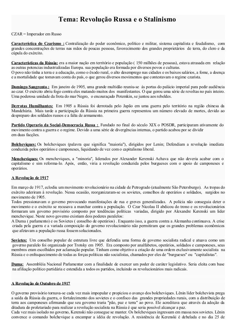Exercicios Sobre A Revolução Russa 9 Ano Com Gabarito