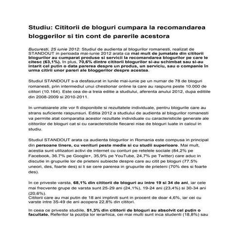 Rezultatele studiului de audienta comunicat de presa 25 iunie 2012