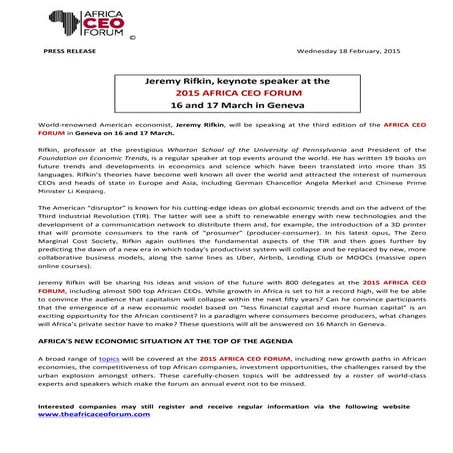Jeremy Rifkin, keynote speaker at the 2015 AFRICA CEO FORUM, 16 and 17 March ...