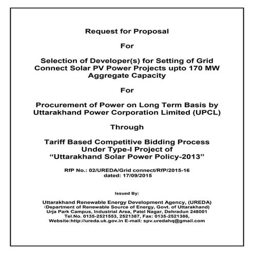 Rfp for tariff based competitive bidding for upto 170 mw solar power ...