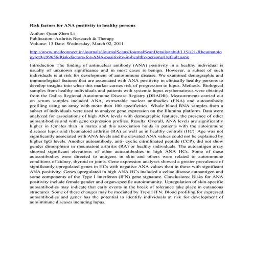 ANA (antinuclear antibody) test in Autoimmune Diagnose | PDF
