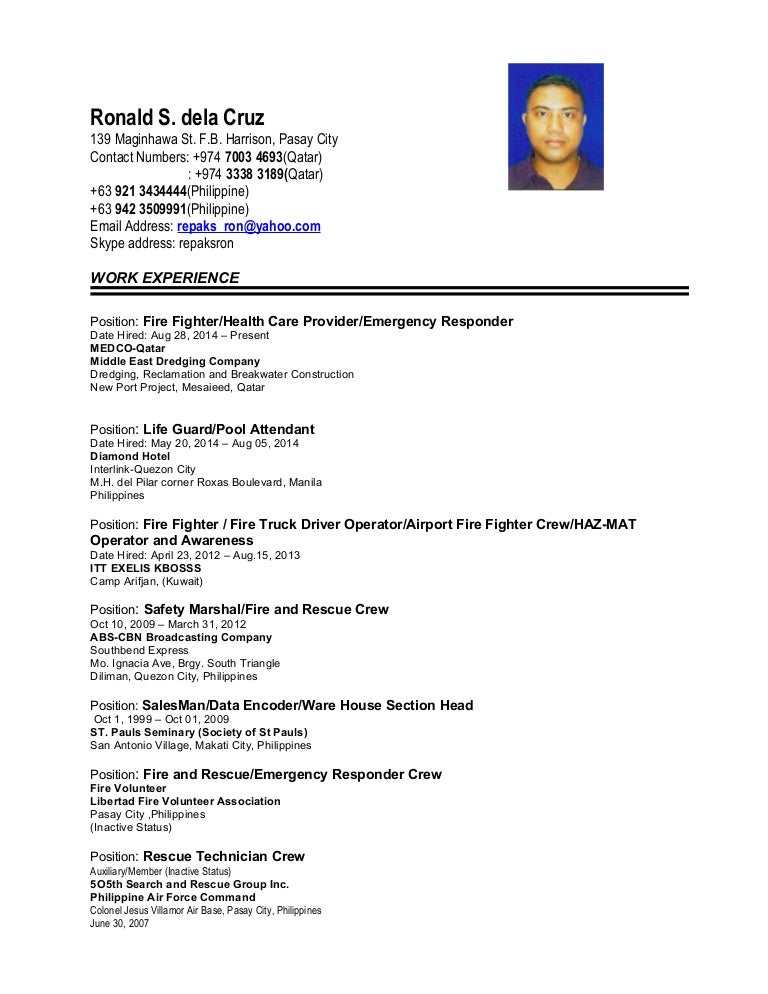 rhon resume sample fire resume