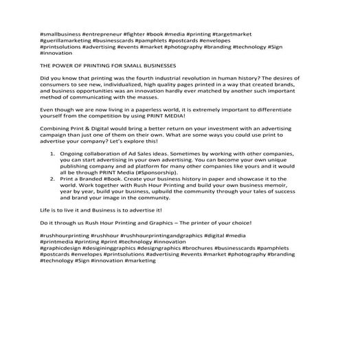 THE POWER OF PRINTING FOR SMALL BUSINESSES BY RUSH HOUR PRINTING AND GRAPHICS