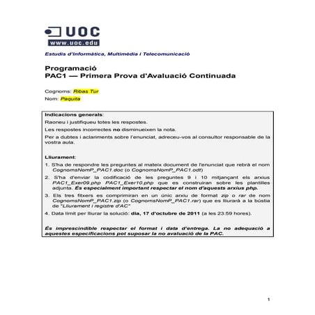 Programació - Pràctica 1 correcció - Multimedia (UOC) - Paquita Ribas | PDF
