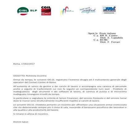 Richiesta incontro contact center 2017
