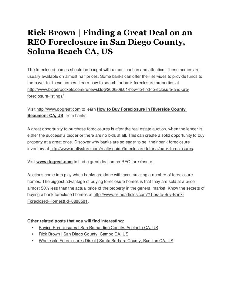 rick brown finding a great deal on an reo foreclosure in san diego c