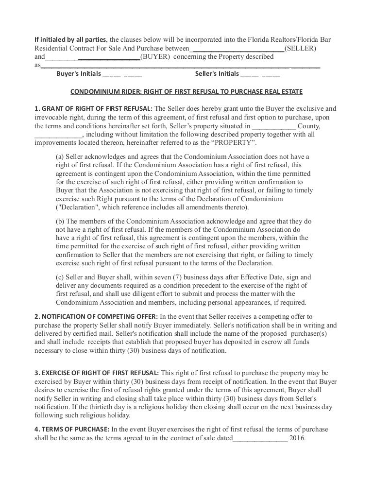 Rider to Contract of Sale: Right of first refusal