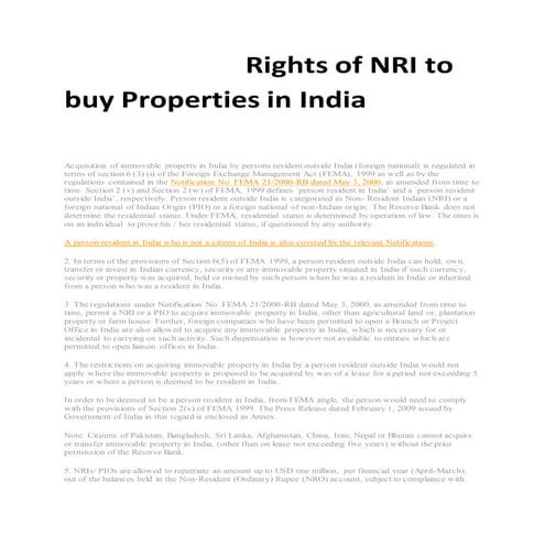 Rights of NRI to buy properties in India