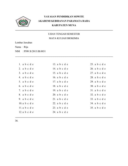 Lembar jawaban uts akbid paramata | PDF