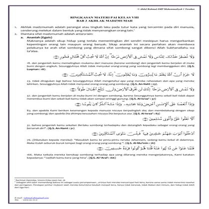 Ringkasan Materi PAI Kelas 8 Bab 4 Akhlak Mazmumah