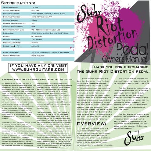 SUHR Riot Distortion Kullanim Klavuzu | PDF