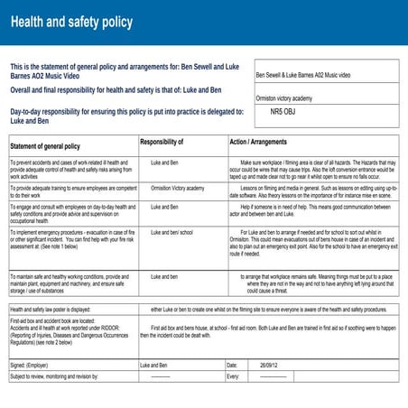 Risk assessment & health and Safety 