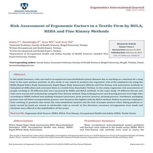 Risk Assessment of Ergonomic Factors in a Textile Firm by RULA, REBA and Fine...