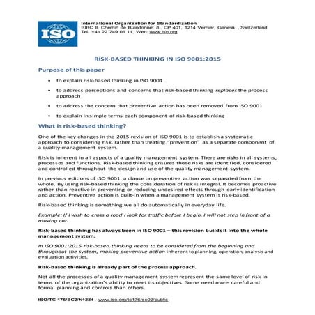 Risk based thinking in iso 90012015
