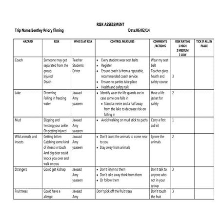 Music video risk assessment | DOCX