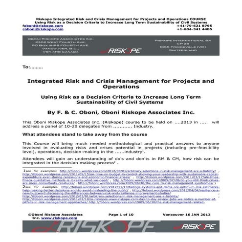 Riskope 5 days course on Risk and Crisis Management for top managers and key ...
