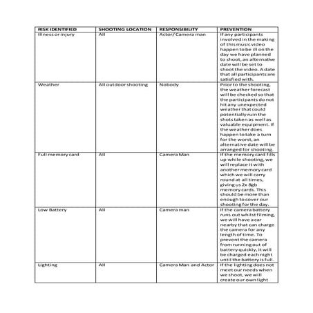 Music video Risk Assessment | DOCX