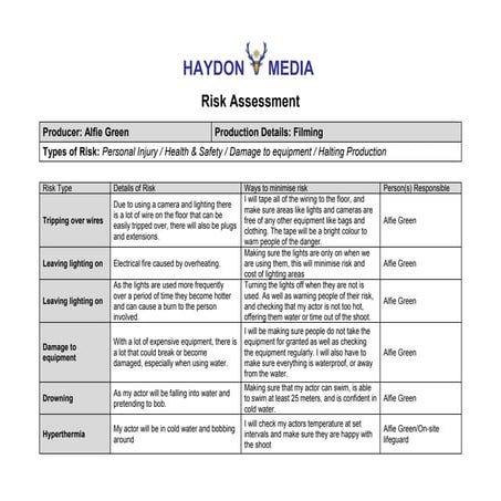 Film production Risk Assessment Form | DOC