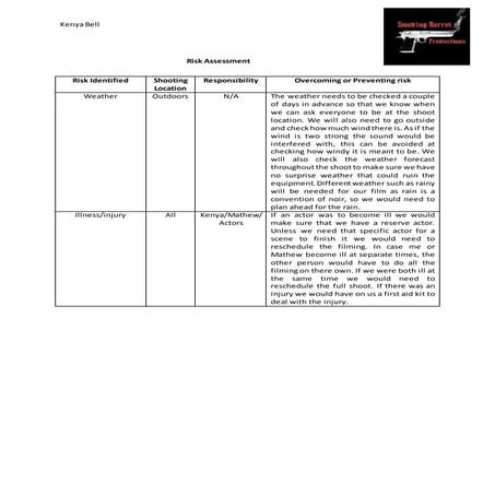Photography shoot risk assessment form | DOCX