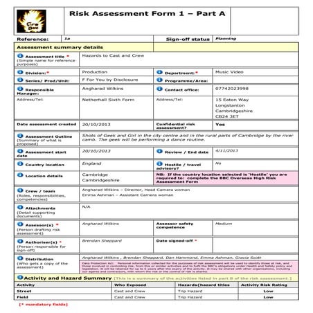 Risk Assessment 1 - Draft One - Planning