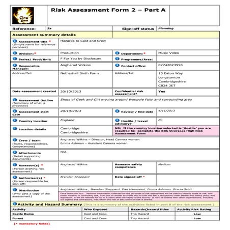 Risk Assessment 2 - Draft One - Planning