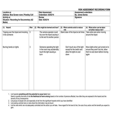Risk assessment template music studio | DOC