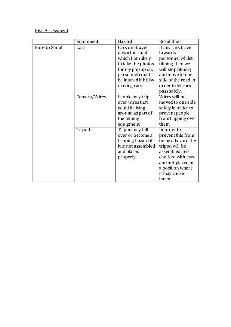 Risk assessment pop up