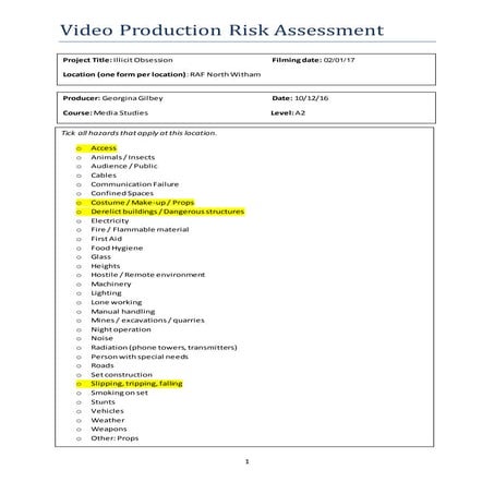 Green screen room video production risk assessment unfinished | DOCX