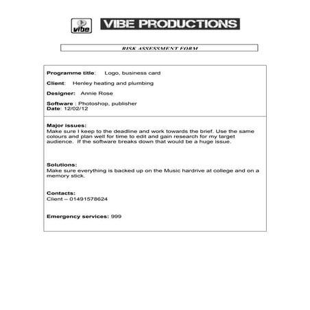 Risk assessment sheet