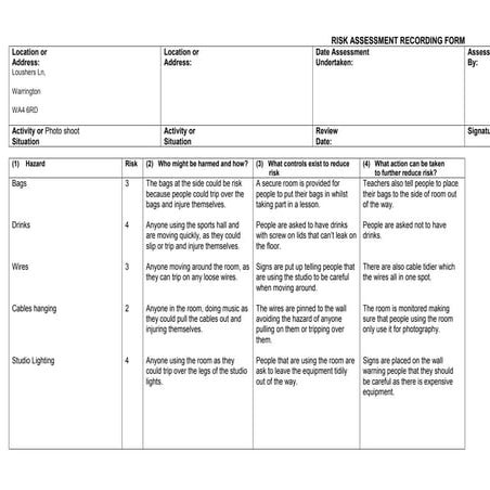 Risk assessment template sports hall | DOC