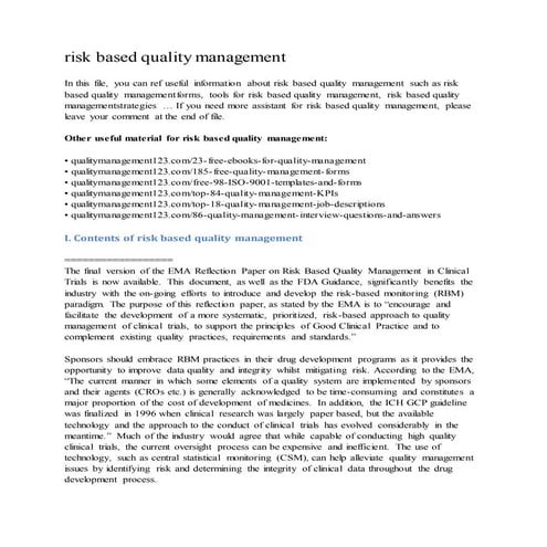 Risk based quality management