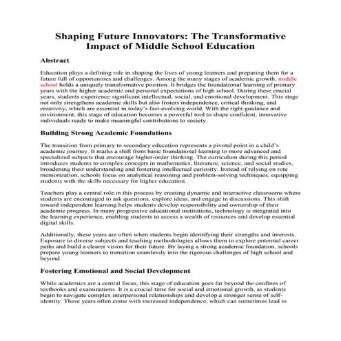 Shaping Future Innovators: The Transformative Impact of Middle School Education