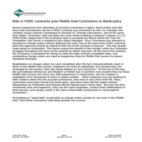 Risk in FIDIC contracts 