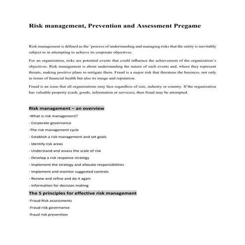 Risk management, Prevention and Assessment Pregame