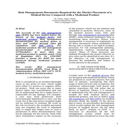 Risk managements documents required for the market placement of a medical dev...