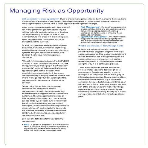 Managing Risk as Opportunity