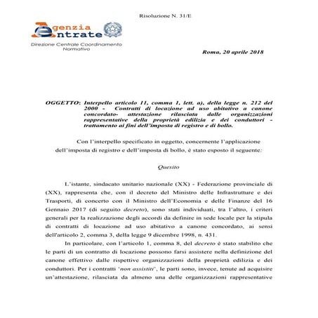 Risoluzione n 31 del 20 aprile 2018 risoluzione n. 31 e del 20042018
