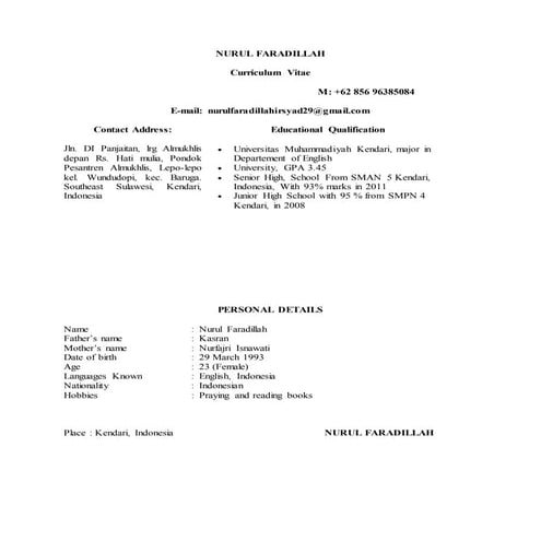 Contoh Riwayat hidup