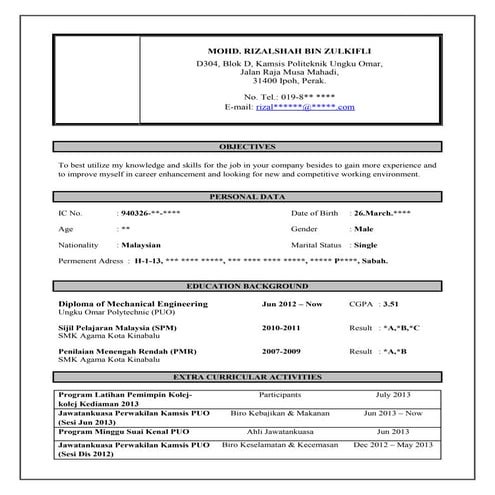 Resume Lengkap untuk Memohon Kerja (Pelajar Latihan Industri)