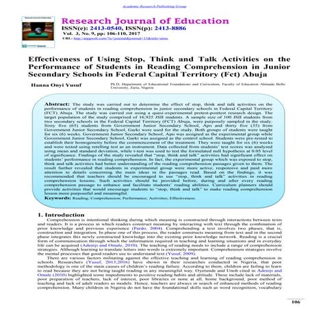  Effectiveness of Using Stop, Think and Talk Activities on the Performance of...