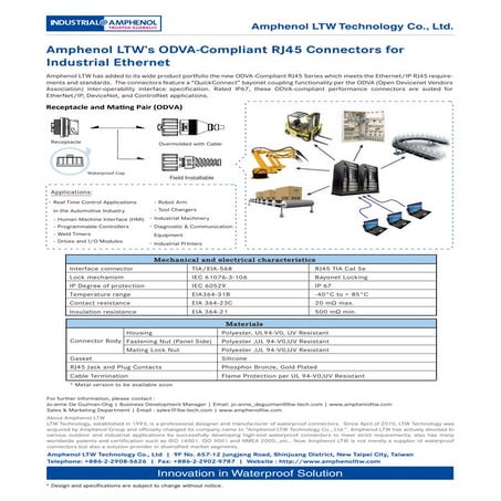 Amphenol LTW ODVA-Compliant RJ45 Connector for Industrial Ethernet