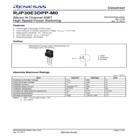 Original IGBT RJP30E4 360V 35A TO-263 New Renesas Panasonic | PDF