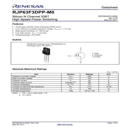 Original IGBT IC RJP63F3 63F3 TO-220 New Renesas | PDF