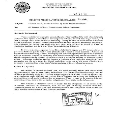 Tax Memo on Social Media Influencers (RMC No. 97 2021 )