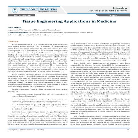 Crimson Publishers - Tissue Engineering Applications in Medicine 