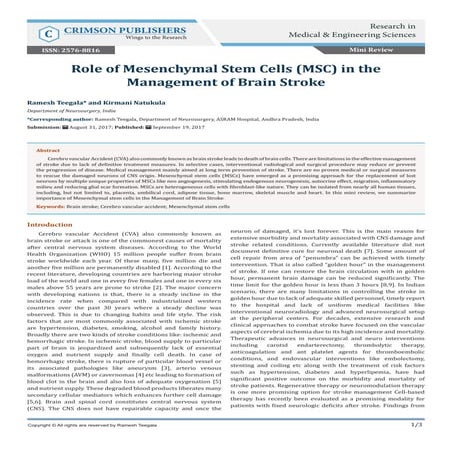 Crimson Publishers-Role of Mesenchymal Stem Cells (MSC) in the Management of ...